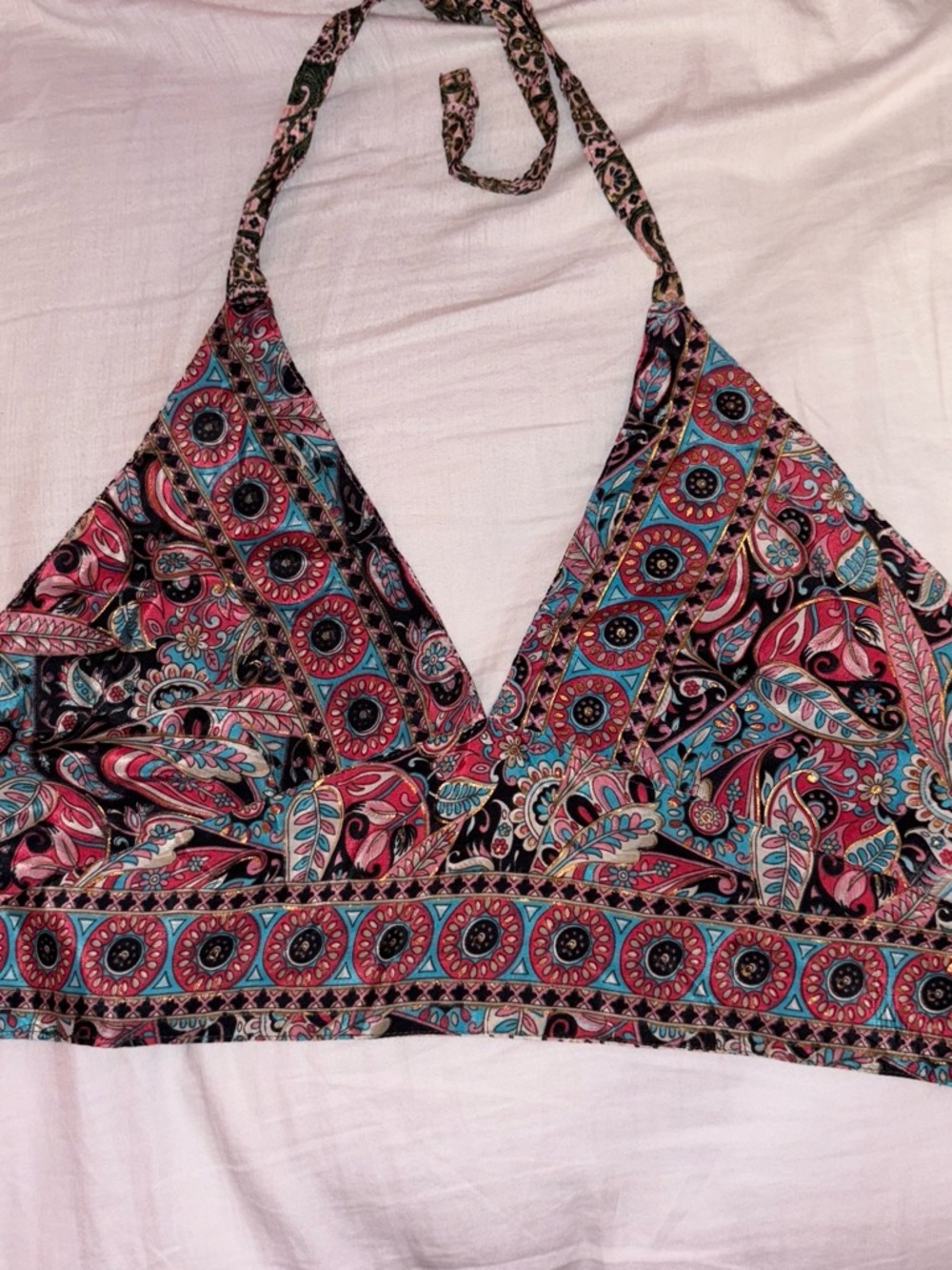 Halter Paisley Print V-Neck Crop Top - Pink/Blue